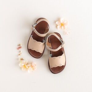Kids Neutral Pink Beige Scalloped Leather Sandals with Ankle Strap